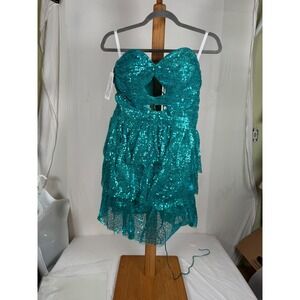 Teal Sequin Strapless Mini Dress Tiered Ruffle Lace Up Back Formal Size 6 00308
